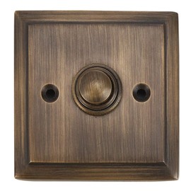 A29 Antique Brass Doorbell Button – 2 1/2" x 2 1/2" – Decorative Style Push Button in Brass with Recess Mount – Vintage Finish, Wired for Two-Wire Chimes, Weather Resistant, Easy DIY Installation