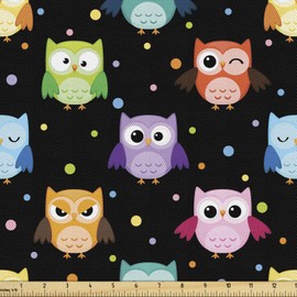 Ambesonne Owls Fabric by The Yard, Colorful Birds with Different Expressions Funny Confused Serious Characters Dots, Decorative Fabric for Upholstery and Home Accents, 1 Yard, Black