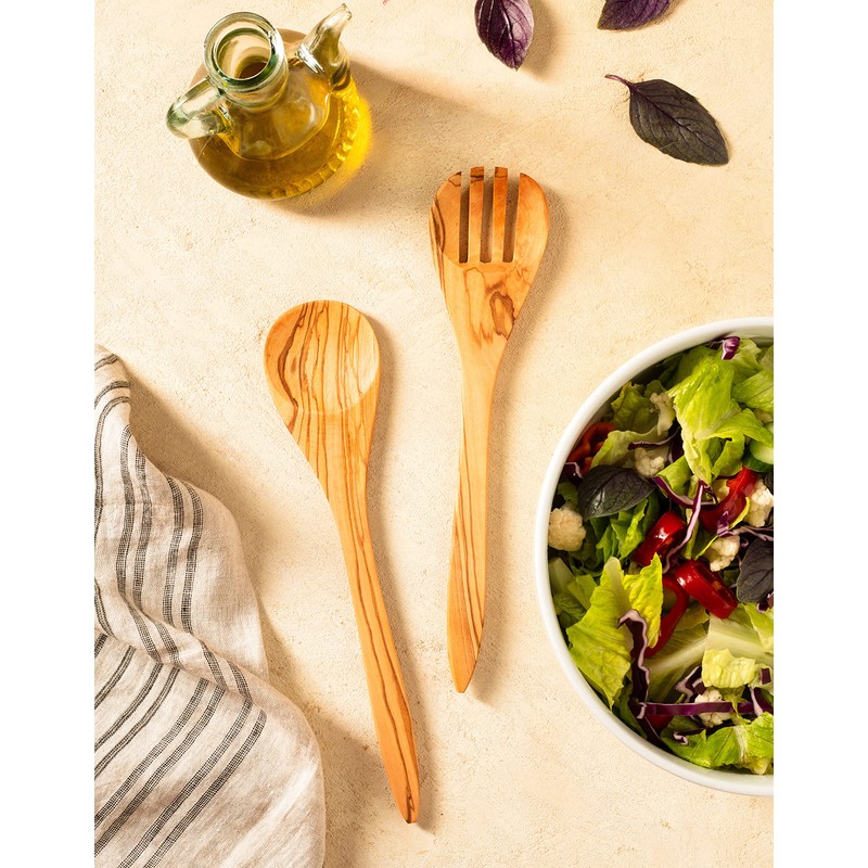 Demy Craft Olive Tree 30cm Handmade Salad Serving Set, Wooden