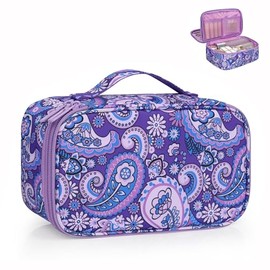 Relavel Travel Makeup Bag, Small Floral Cosmetic Bag with Makeup Brush Compartment, Portable Makeup Pouch for Women, Double Layer Cute Toiletry Organizer Bag, Purple Flower