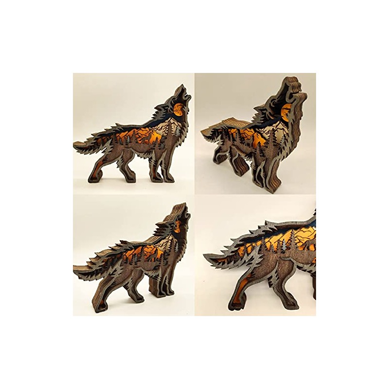 MEETOZ Creative Wolf Decoration Wolf Statue Desktop Decoration Lights, Wooden