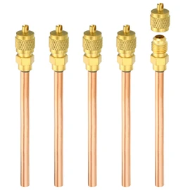 PATIKIL 1/4" SAE x 6mm OD x 50mm Stem x 119mm Large Service Access Valve Pack of 5 Fill Access Valves + Core and Cap Remover for Air Conditioner and Refrigeration