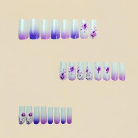 Flower Press on Nails Long Square Fake Nails Full Cover Purple White Gradient Acrylic Nails with design Glossy Stick on Nails Floral False Nails for Women Sping Summer Manicure24pcs