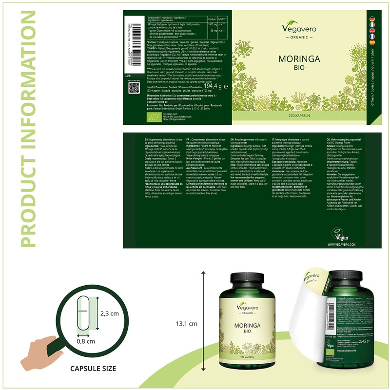 Organic Moringa Oleifera Capsules 1800mg Vegavero® | No Additives |