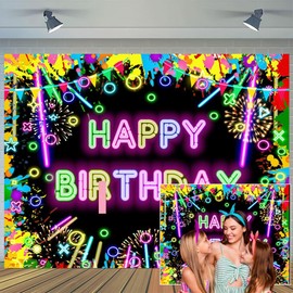 20x10ft Neon Glow Birthday Party Large Backdrop, Let's Glow in The Dark Themed Birthday Photography Background, Colorful Fireworks Graffiti Splatter Paint Dancing Party Kids Portrait Photo Supplies