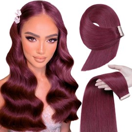 YDDM Tape-In Real Hair Extensions, 20 Pieces, 40 cm, 40 g, Burgundy Red, Invisible Tape Extensions, Real Hair Tape Extensions, Skin Weft Hair Extensions (16 Inches, 99J#)