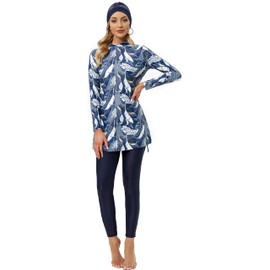 Ababalaya Trajes de baño totalmente cubiertos, 3 piezas, traje de baño Burkini con gorro de natación, Floral 4, XXL