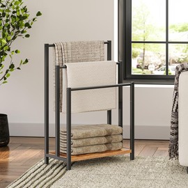 HOOBRO 3 Tier Free Standing Towel Rack, Blanket Rack, Blanket Holder for Bathroom, 16.9" L x 11" W x 31.9" H, Industrial Metal Drying and Display Rack with Shelf, Rustic Brown and Black Organiser