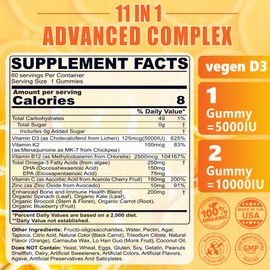 Vitamin D3 K2 Gummies 5000IU / 10,000 IU with Omega-3 250mg + K2(MK-7) 100mcg - 5X Absorption Than Standard D3K2,with Vitamin C, Zinc,and 5 Organic Vegetables,Supports Bone & Teeth Strength, Immune