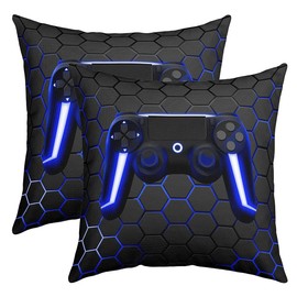 Set of 2 Pillow Cases, 55x55 cm, Gamer for Boys, Teenagers, Game Cushion Cover for Bedroom, Gamepad Pillow Case with Neon Lights, Decorative, Blue Grey