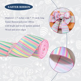 Easter Ribbon Wired Edge, Happy Easter Pastel Stripe Canvas Ribbon for Spring Party Decoration Hair Bow Wreath DIY Crafts Gifts Wrapping, 2.5" x 10 Yards