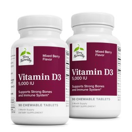 Terry Naturally Vitamin D3 - Bone Health & Bone Strength Support Supplement - Immune System & Brain Support - 5,000 IU Vitamin D Tablets with Mixed Berry Flavor - 90 Chewable Tablets (Pack of 2)