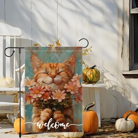 Welcome Spring Garden Flags Summer Cat Garden Flag 12x18 Inch Double Sided Colorful Floral Small Burlap Home Yard Lawn Holiday Decorations