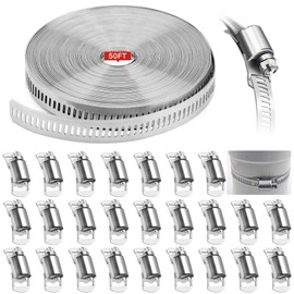 WSWECCL Hose Clamps 50FT Strap+25 Fasteners,DIY Cut-To-Fit 304 Stainless Steel Adjustable Large Worm Gear Band Clamp Assortment Kit,Metal Screw Fasteners and Strapping for Pipe,Duct,Pole,Tube