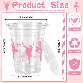 Whaline 50Pcs Ballerina Plastic Cups with Lids Straws Pink Bow Ballet Dance Clear Plastic Cups 12oz Disposable Cup for Birthday Baby Shower Party Favors Supplies