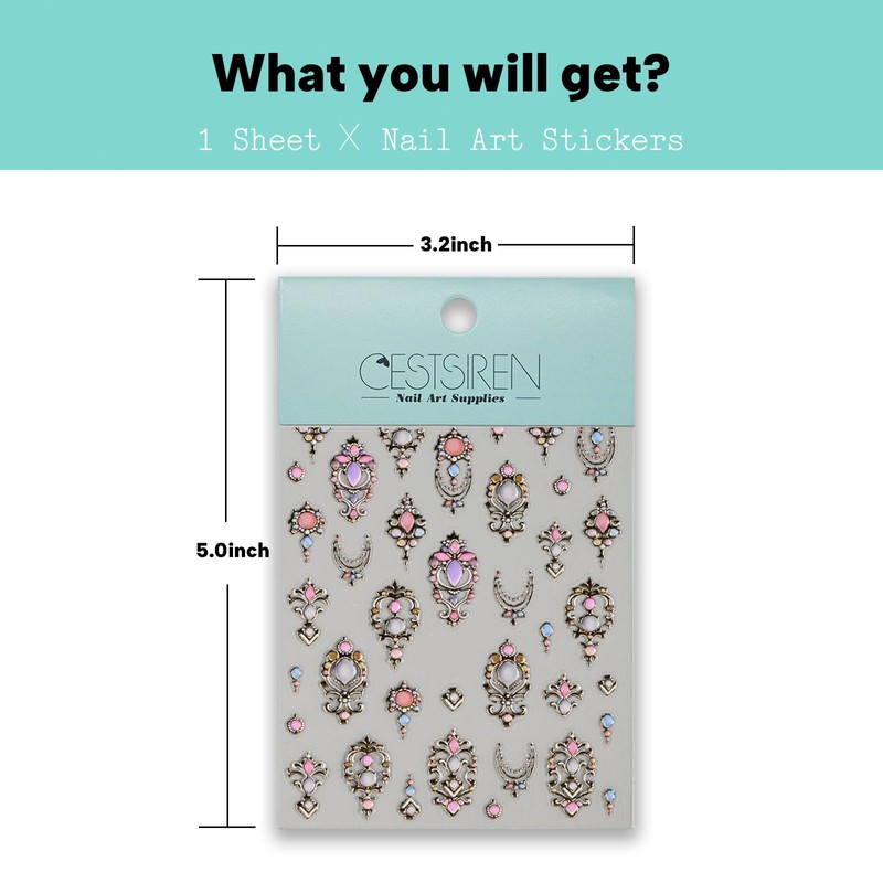 CESTSIREN Colorful Luxury Totem Nail Art Stickers, Golden Nail Decals,