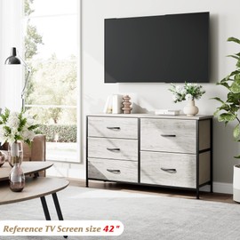 Nicehill Dresser for Bedroom with 5 Drawers Organizer, Wide Chest of Drawers for Closet, Clothes, Kids, Baby, TV Stand with Storage Drawers, Fabric Drawers, Light Wood Grain