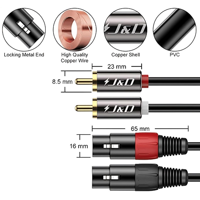 J&D 2 RCA to 2 XLR Cable, PVC Shelled unbalanced