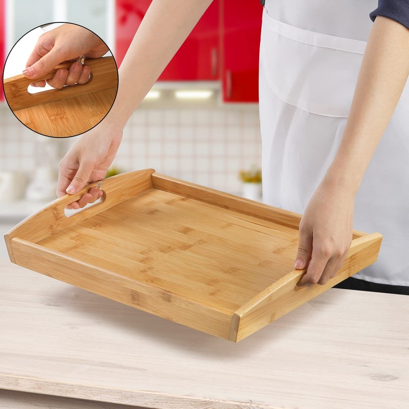 Peohud 4 Pack Bamboo Serving Trays with Handles, Rectangular Kitchen
