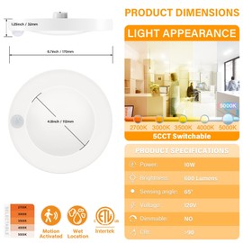 JULLISON 4 Inch Field Selectable 5CCT LED Motion Sensor Ceiling Light, 120V Wired Closet Light, 10 Watts, 600Lm, CRI80+, Non-dimmable, ETL Certified, Wet Location, Round/White, 1 Pack