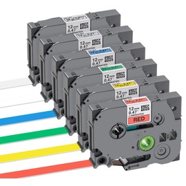 Pack of 6 Assorted Colours 12mm x 8m Tapes for Brother TZe Tape Printer Compatible with Brother P-Touch PT-1000, Black on White/Red/Blue/Yellow/Green/Transparent