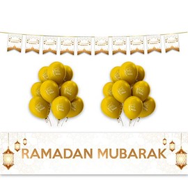 Ramadan Mubarak Decoration Set - 21 Piece Set with Buntings Flags Banners Balloons - Mubarak Memories 2021 (White & Gold)