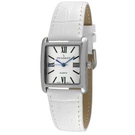 Peugeot Women's Silver-Tone Tank Shape Leather Dress Watch with Roman Numerals, White