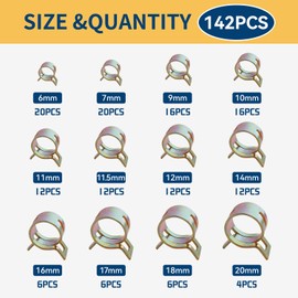Quevaeco 142PCS Spring Hose Clamps Kit, 6–20mm Assorted Fuel Line Clips, 65Mn Steel Pipe Clamps for Air, Water, Silicone Hose, with Box (colored)