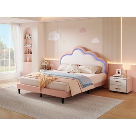 DWVO Pink Queen Bed Frame, LED Bed Frame with Adjustable Cloud Headboard, Upholstered Platform Bed Frame with Wooden Slats Support, No Box Spring Needed, Easy Assembly