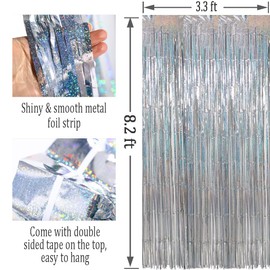 Abien Metallic Tinsel Foil Fringe Curtains Silver Shimmer Backdrop Beauty Decorations for Birthday Bachelorette Engagement Wedding New Year Baby Shower Party Supplies 3pcs(Silver)