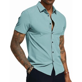 PJ PAUL JONES Mens Dress Shirts Short Sleeve,Business Casual Shirts for Men Summer,Mens Short Sleeve Button Down Shirts Wrinkle Free Light Blue