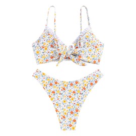 ZAFUL Women's Underwire Bikini Floral High Cut Bikini Set V-Wired Two Piece Swimsuit Bathing Suit(1-Yellow, M)