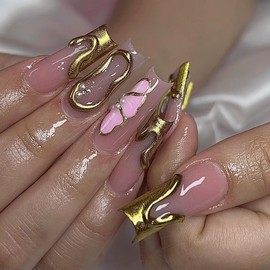 MERVF Long Square Press on Nails Gold French Tip Fake Nails Pink Flower Press ons Luxury Squoval Glue on Nails 3D Pearls Design Acrylic False Nails Glossy 24pcs