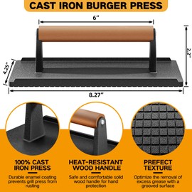 Yoehka Cast Iron Grill Press-1PCS, Heavy Duty Bacon/Burger/Griddle/Chef Press with Wood Handle, Perfectly Grilled Steak,Meat,Sandwich,Panini, 2.25lbs Cooking Weight,Rectangle(8.27"×4.25"×3.35”in)