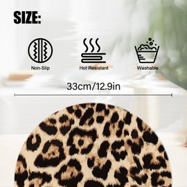 BaHomeck Faux Leather Placemats Set of 4,Golden Brown Bionic Leopard Print Ding Table Round Placemat Heat-Resistant Waterproof Non-Slip Place Mats Kitchen Living Room Decoration,13inch