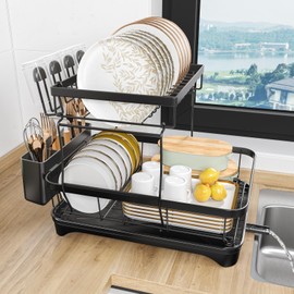 HOMEAILIE Dish Drying Rack, 2-Tier Large Dish Drying Rack for Kitchen Counter – Space Saving Dish Drainer Organizer with Utensil Holder and Cutlery Tray, Black