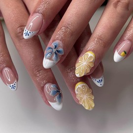 Short Press on Nails Almond Fake Nails White French Tip Glue on Nails Press ons False Nails with 3D Orange Texture Design Artificial Acrylic Nail Kit Glossy Stick on Nail for Women Manicure 24Pcs