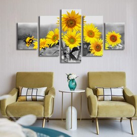 5 Panels Canvas Painting Sunflowers Wall Art Decor Black and White Canvas Print Floral Landscape Pictures Paintings Ready to Hang for Home Wall Decoration Living Room Office 32x60inches