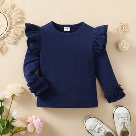 playera de color sólido para bebé y niña, blusa lisa con mangas de volados, ropa casual de algodón, 033f-azul marino, 3 Años/4 Años