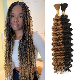 Human Braiding Hair Mix Synthetic Boho Hair for Braiding, 20 Inch Wet and Wavy 2 Pcs Deep Wave Bulk or Curly Bohemian Extensions(P4/27, 20Inch)