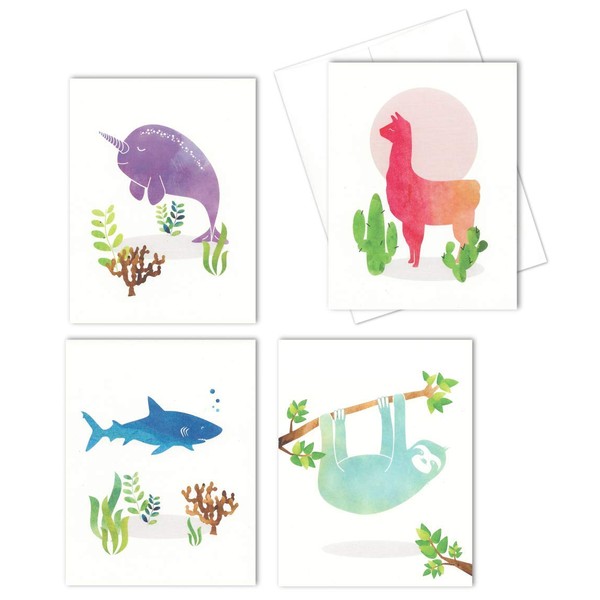 Llama, Sloth, Shark, Narwhal All Occasion Blank Note Cards (Set of 12 Cards Total) - Size 4.25" X 5.5" by Nerdy Words