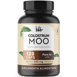 Life 360+ Colostrum Moo | 120 cápsulas | Calostro bovino | Suplemento Alimenticio | Cápsulas de gelatina y agua | Suplemento Alimenticio con 120 cápsulas en tarro a base de calostro bovino.