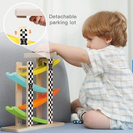 Top Bright Wooden Race Track Car Ramp Racer for 1 2 Year Old Boys Girls Gifts Presents, Toddler Toys with 4 Mini Cars