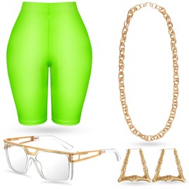 80s 90s Outfit for Woman Hip Hop Costume Legging Rapper Sunglasses Gold Chain Earring Party Accessories(Medium,Neon Green)