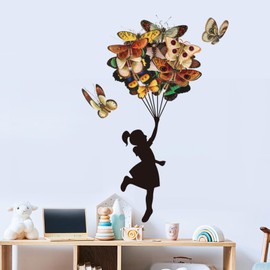 PLIGREAT Banksy Butterfly Girl Wall Stickers Removable Vinyl Decals Flying Butterfly Banksy Graffiti Wall Art Murals for Bedroom Nursery Office Home Decor DIY Decorative Stickers