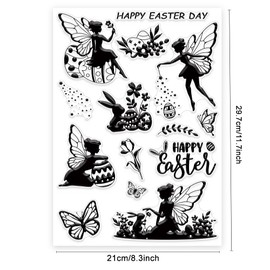 INFUNLY Elf Clear Stamps A4 Size 8.3x11.7 Happy Easter Rubber Stamp Bunny Egg Transparent Stamps for Scrapbooking Butterfly Flower Words Silicone Stamps for Easter Card Making Journaling Photo Album