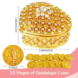 LAIAMER Wedding Arras Coins Set Arras Para Boda Catolica Arras De Boda Catolica with 13 Virgen of Guadalupe Coins and Gold Heart Shaped Box Wedding Accessories for Ceremony