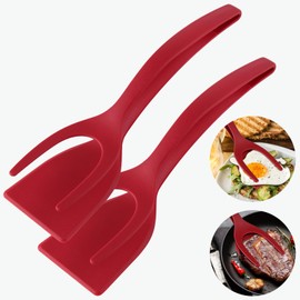 Helecors 2 Pcs 2 in 1 Grip and Flip Spatula Tong, Egg Flipper Spatula, Turning Shovel for Bread Fish Pancake Toast Omelet, Multi-Purpose Non-Stick Home Kitchen Cooking Tool (Red)