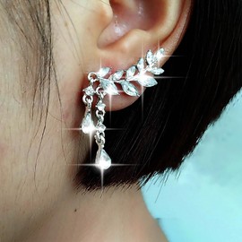 TseenYi Crystal Leaf Ear Climber Earrings Silver Rhinestone Tassel Earrings CZ Leaf Ear Crawler Earrings Long Crystal Chain Earrings Leaves Climbing Earrings Jewelry for Women and Girls
