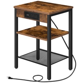 HOOBRO Side Table with Charging Station and USB Ports, Small End Table for Small Space, 3-Tier Nightstand with Adjustable Shelf, for Living Room, Bedroom and Balcony, Rustic Brown BF112BZ01